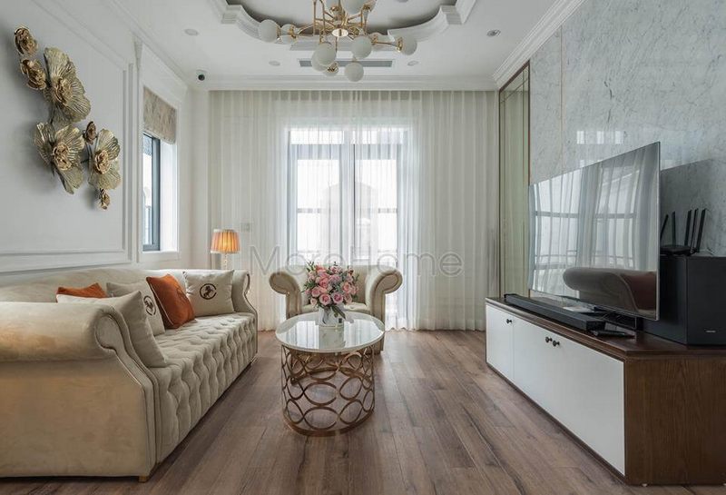 Thi công nội thất gỗ phòng khách biệt thự tân cổ điển
