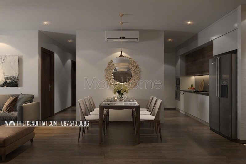 Không cần trang trí gì cầu kì ở nơi phòng ăn của gia đình. Bạn chỉ cần bố trí một chiếc gương tròn có viền vàng lớn họa tiết tinh tế đã đủ khiến không gian nổi bật.