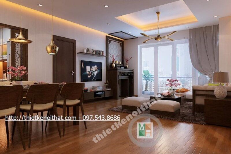 Nội thất phòng khách chung cư với những đường nét thiết kế nhẹ nhàng, sự kết hợp tinh tế giữa không gian, vật dụng, ánh sáng và màu sắc, không gian tiếp khách của gia chủ trở nên sinh động hơn, sang trọng và thanh thoát hơn