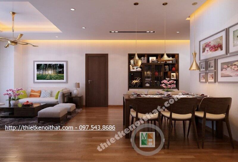 Thiết kế nội thất phòng ăn liền kề với phòng khách, không tạo vách ngăn vì vậy tăng vừa tăng khả năng bao quát, vừa mang lại bữa ăn ngon miệng cho gia chủ