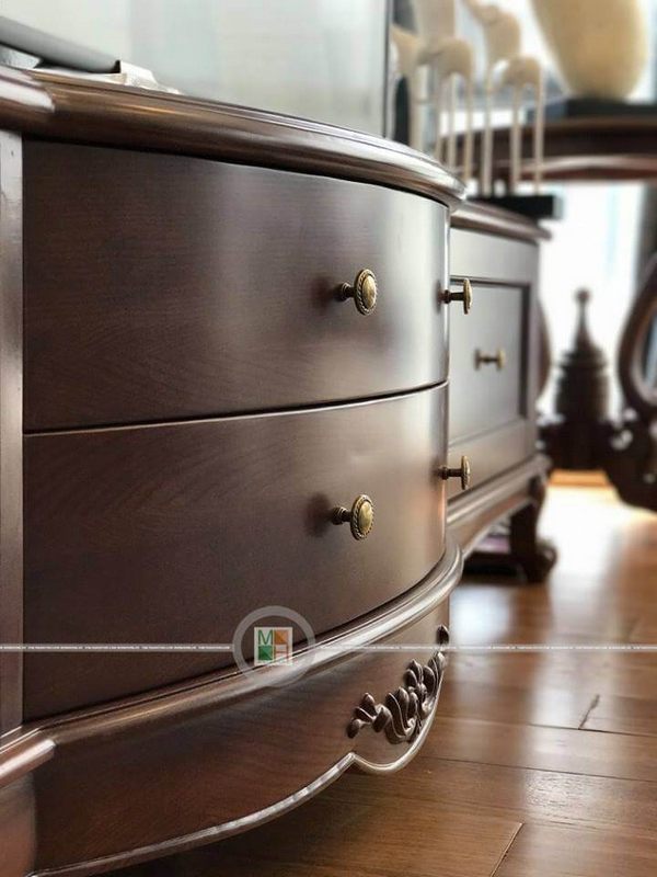 Thi công kệ tivi gỗ óc chó cao cấp tại không gian phòng khách biệt thự Ecopark Hưng Yên