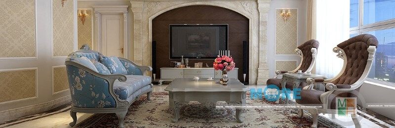 Sofa tân cổ điển MS-031 gỗ tự nhiên, bọc nỉ cao cấp phong cách hoàng gia, tinh tế cho phòng khách chung cư, biệt thự đẹp