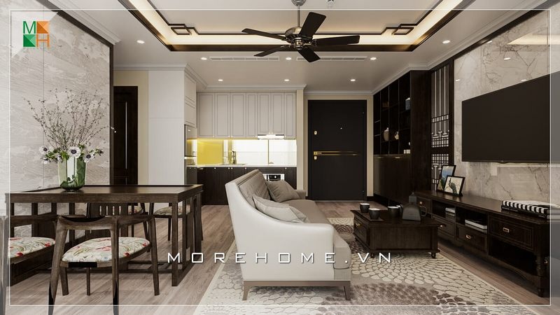 Thiết kế nội thất phòng khách chung cư phong cách tân cổ điển sang trọng với từng đường nét, họa tiết vô cùng độc đáo